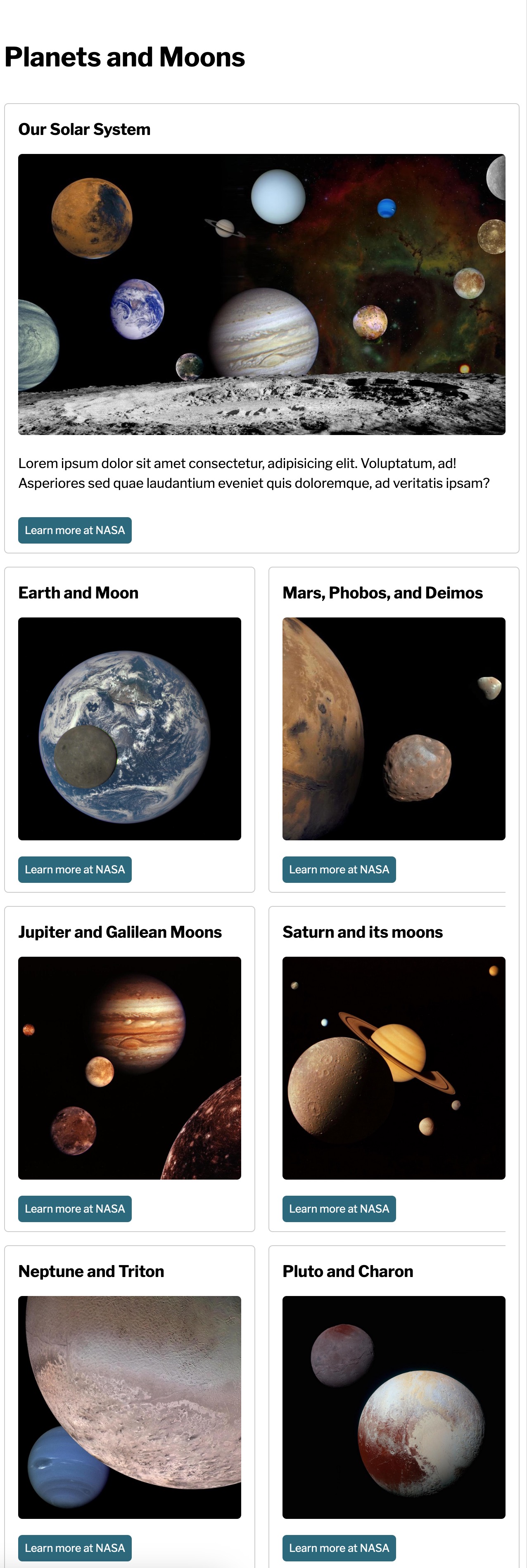 Featured card spans 2 columns, other cards form 2 columns underneath.