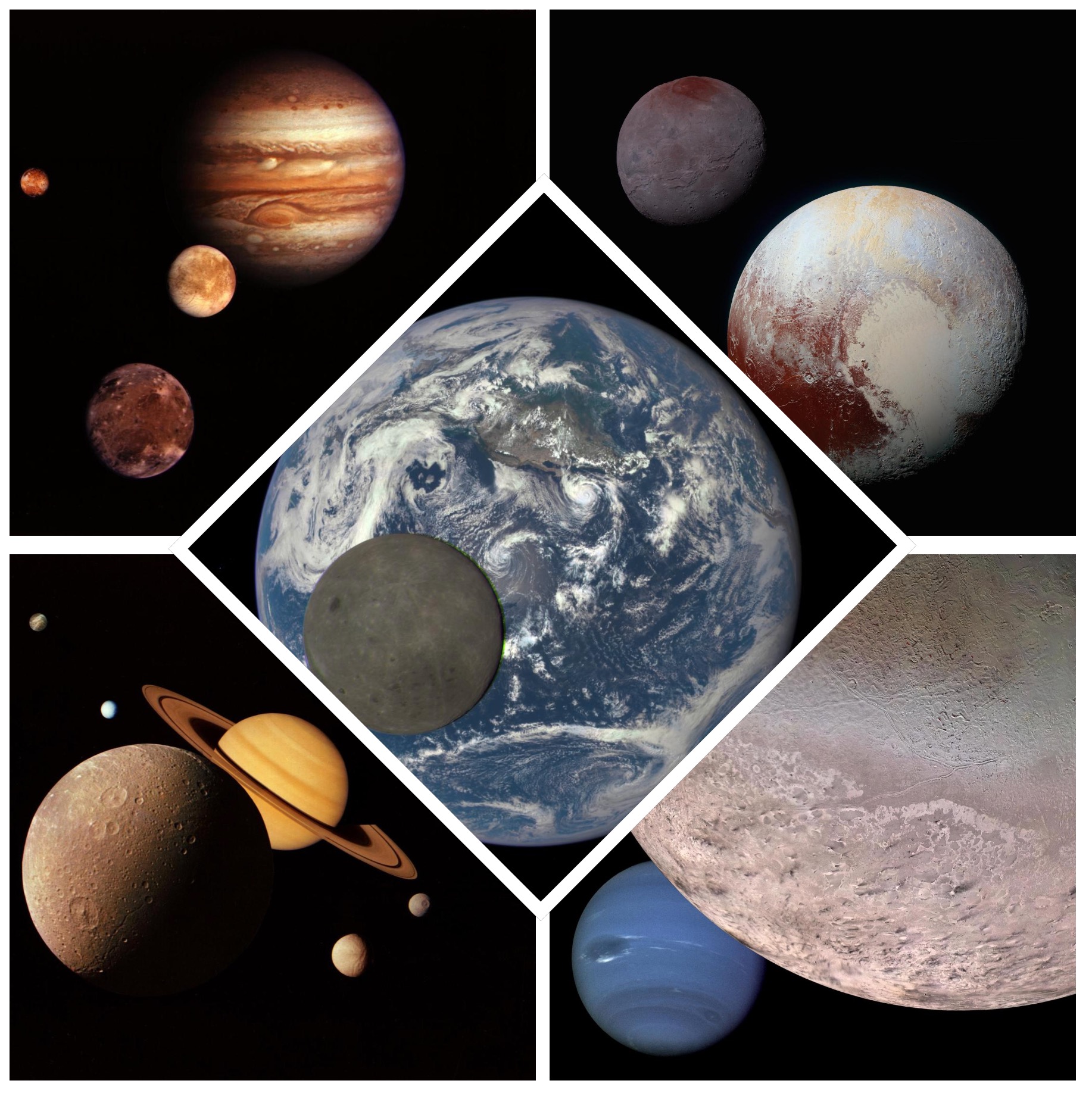 Five images in a collage. Four planet images form the four corners. The center image overlaps each of the four corner images, and it is turned 45 degrees to display as a diamond.