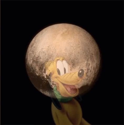 Animation showing the sub-planet Pluto with the Disney character Pluto fading in and out of view.